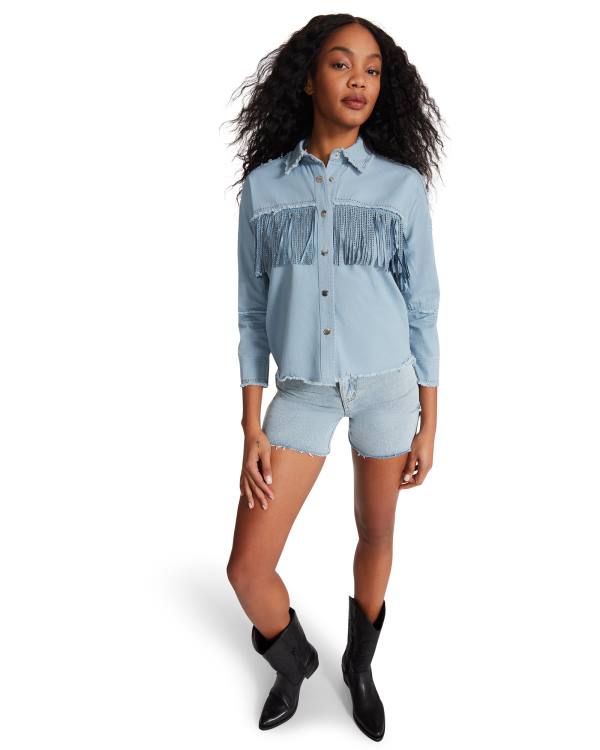 Steve Madden Denim Fringe Button Up Topjes Dames Blauw | SM-504QK