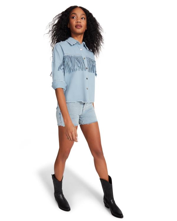 Steve Madden Denim Fringe Button Up Topjes Dames Blauw | SM-504QK