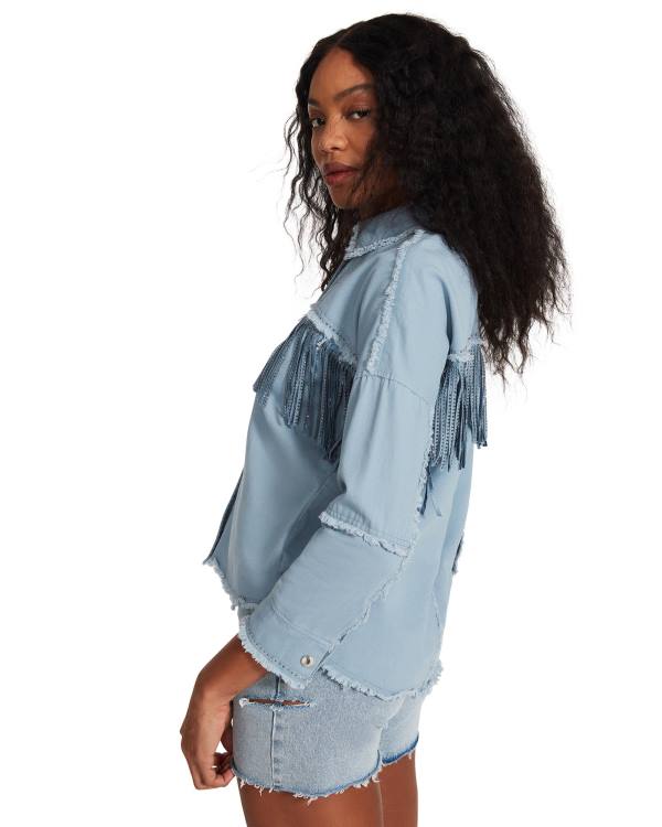 Steve Madden Denim Fringe Button Up Topjes Dames Blauw | SM-504QK