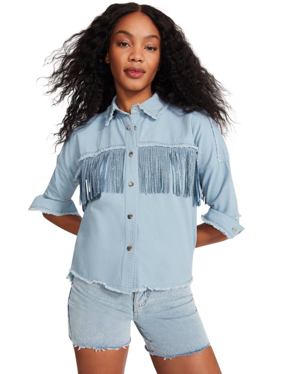 Steve Madden Denim Fringe Button Up Topjes Dames Blauw | SM-504QK