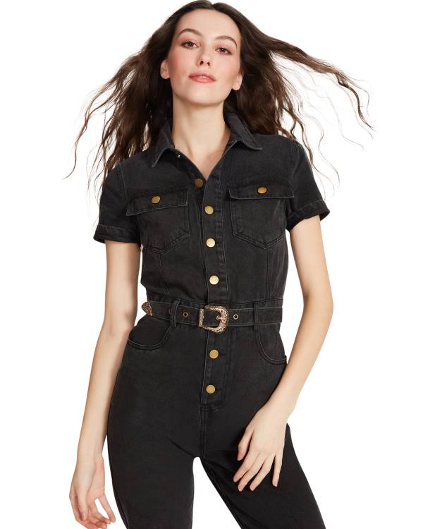 Steve Madden Denim Kort Sleeve Jumpsuit Rokken Dames Zwart | SM-397XY