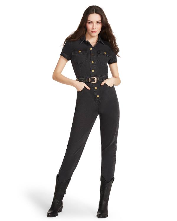 Steve Madden Denim Kort Sleeve Jumpsuit Rokken Dames Zwart | SM-397XY