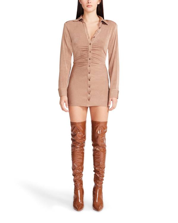 Steve Madden Long Sleeve Button Up Camel Fabric Jurken Dames Bruin | SM-390SR