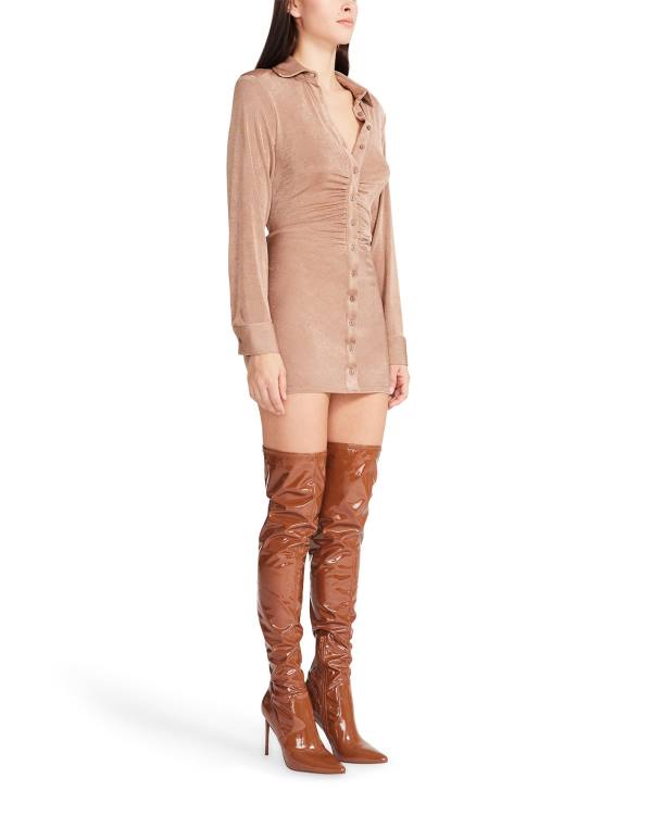 Steve Madden Long Sleeve Button Up Camel Fabric Jurken Dames Bruin | SM-390SR