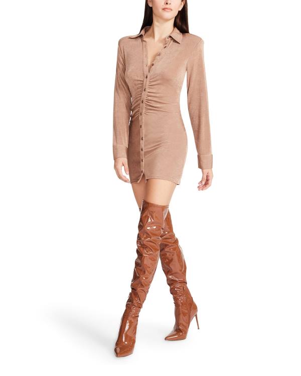 Steve Madden Long Sleeve Button Up Camel Fabric Jurken Dames Bruin | SM-390SR