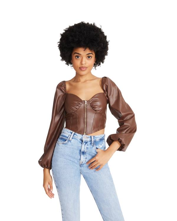 Steve Madden Long Sleeve Faux Leren Corset Topjes Dames Bruin | SM-459WC