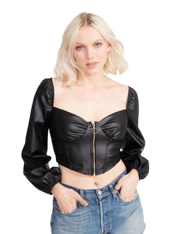 Steve Madden Long Sleeve Faux Leren Corset Topjes Dames Zwart | SM-697CA