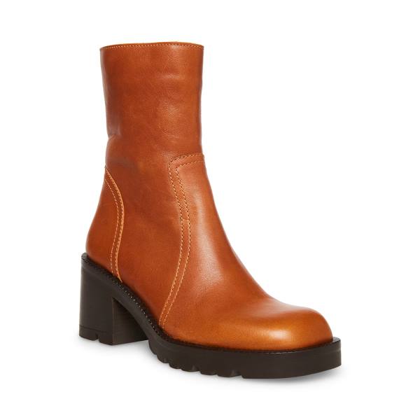 Steve Madden Naya Cognac Leren Enkellaarsjes Dames Bruin | SM-076MY