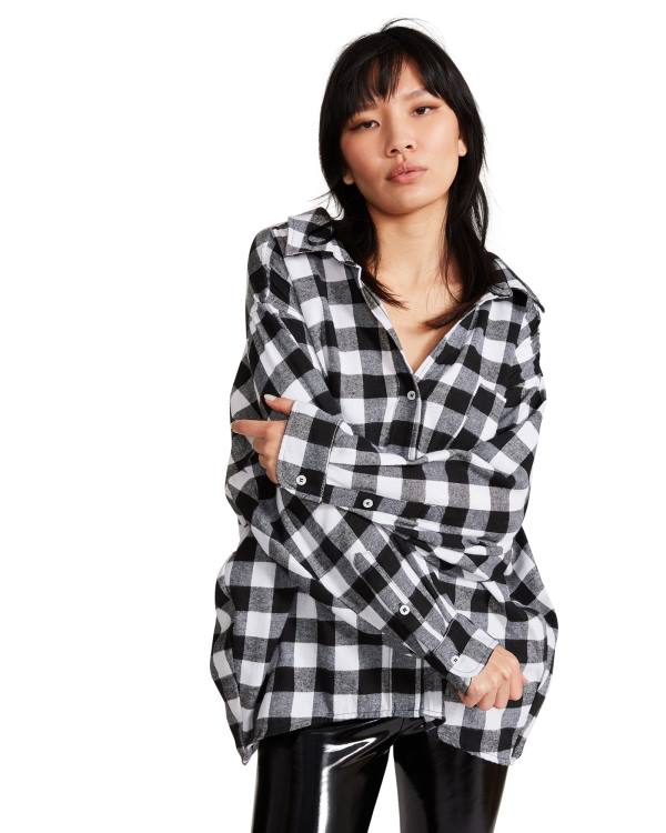 Steve Madden Oversized Gingham Flannel Topjes Dames Zwart | SM-176DA