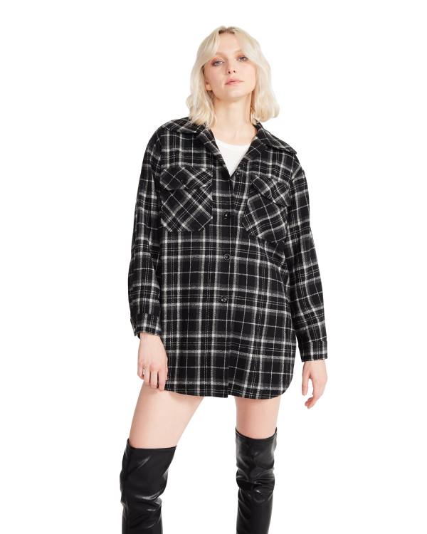 Steve Madden Oversized Plaid Flannel Topjes Dames Zwart | SM-159AM