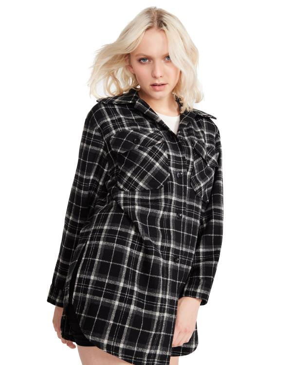 Steve Madden Oversized Plaid Flannel Topjes Dames Zwart | SM-159AM