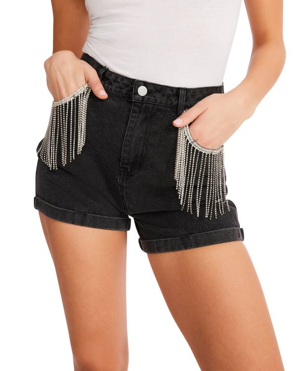 Steve Madden Rhinestone Fringe Korte Broek Dames Zwart | SM-517QK