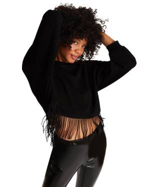 Steve Madden Fringe Crew Neck Topjes Dames Zwart | SM-362VQ