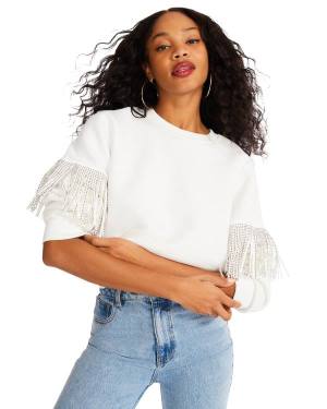 Steve Madden Rhinestone Fringe Crew Neck Topjes Dames Wit | SM-257TB